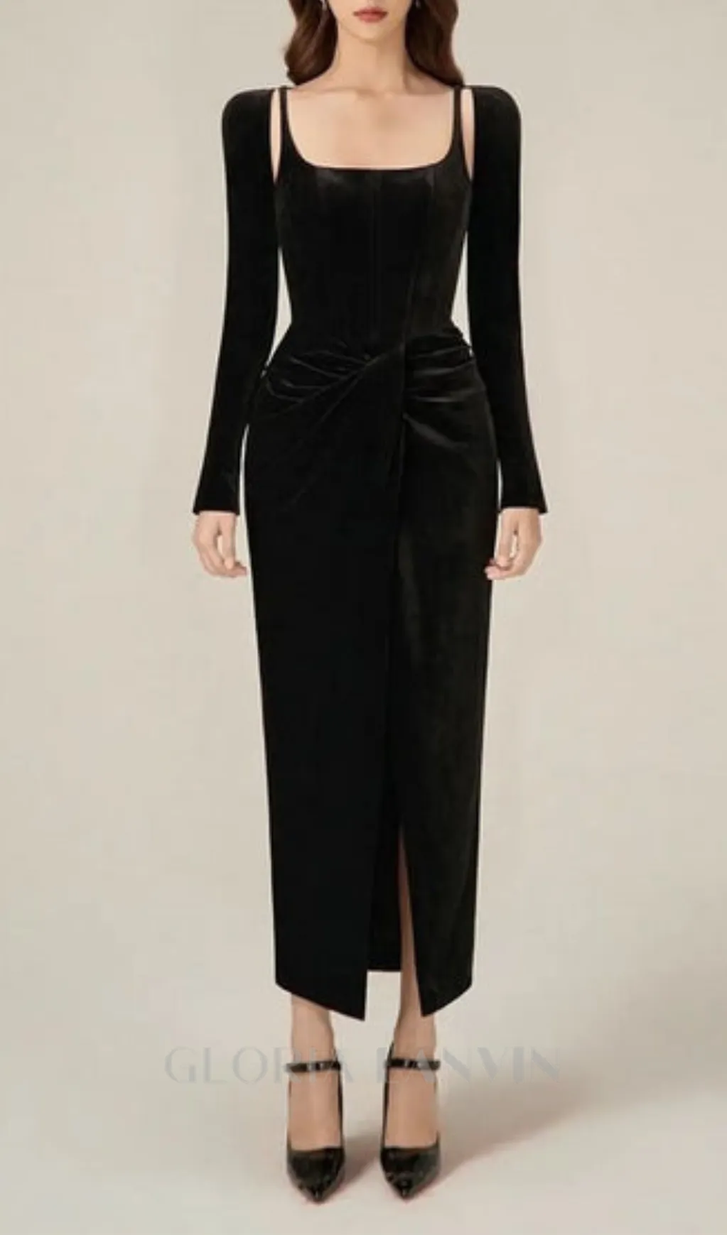 Black Velvet Draped midi Dress Gloria Lanvin