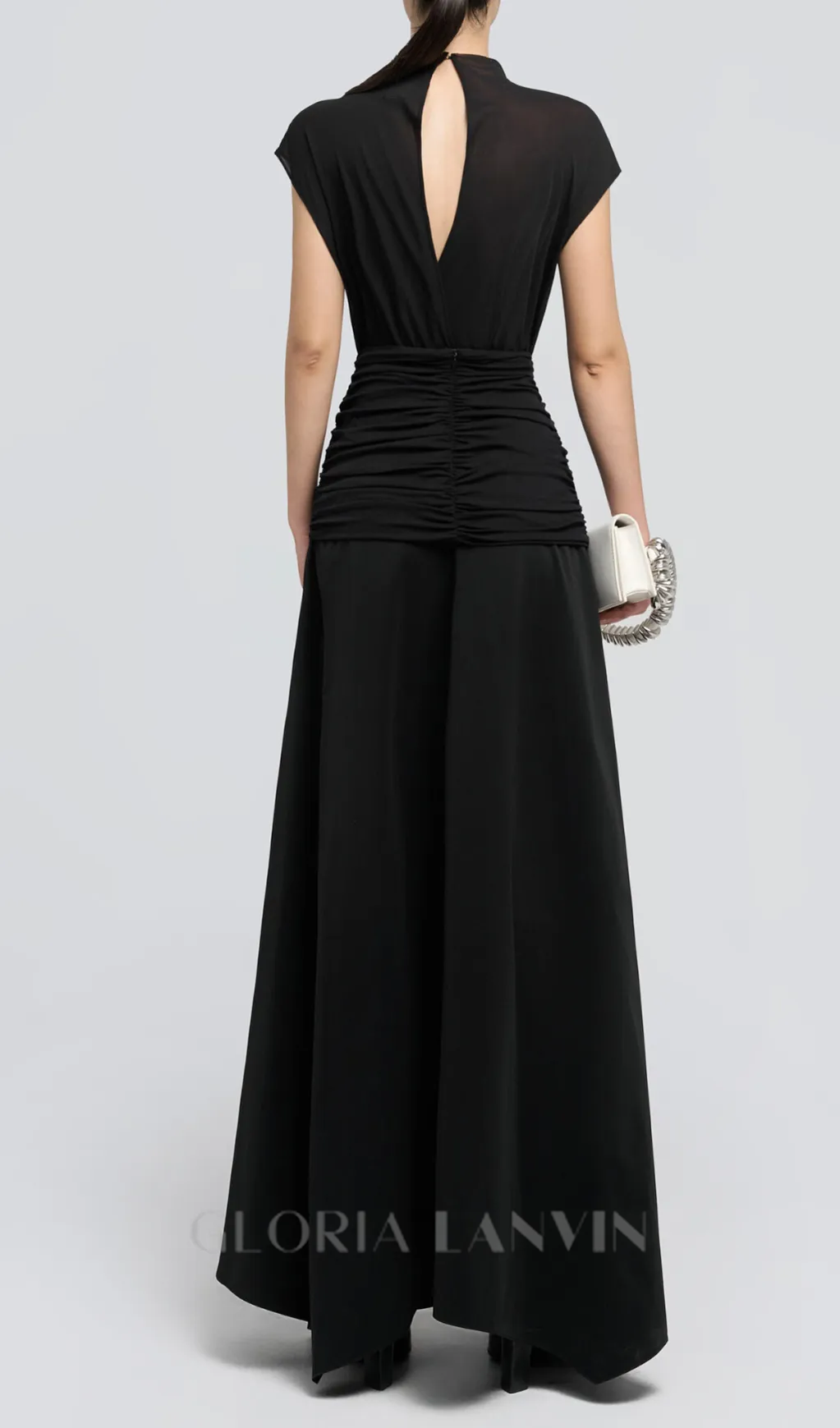 black Waist cross pleats midi dress with asymmetric hemline Gloria Lanvin
