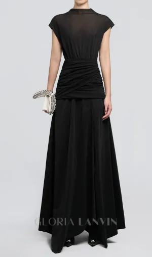 black Waist cross pleats midi dress with asymmetric hemline Gloria Lanvin