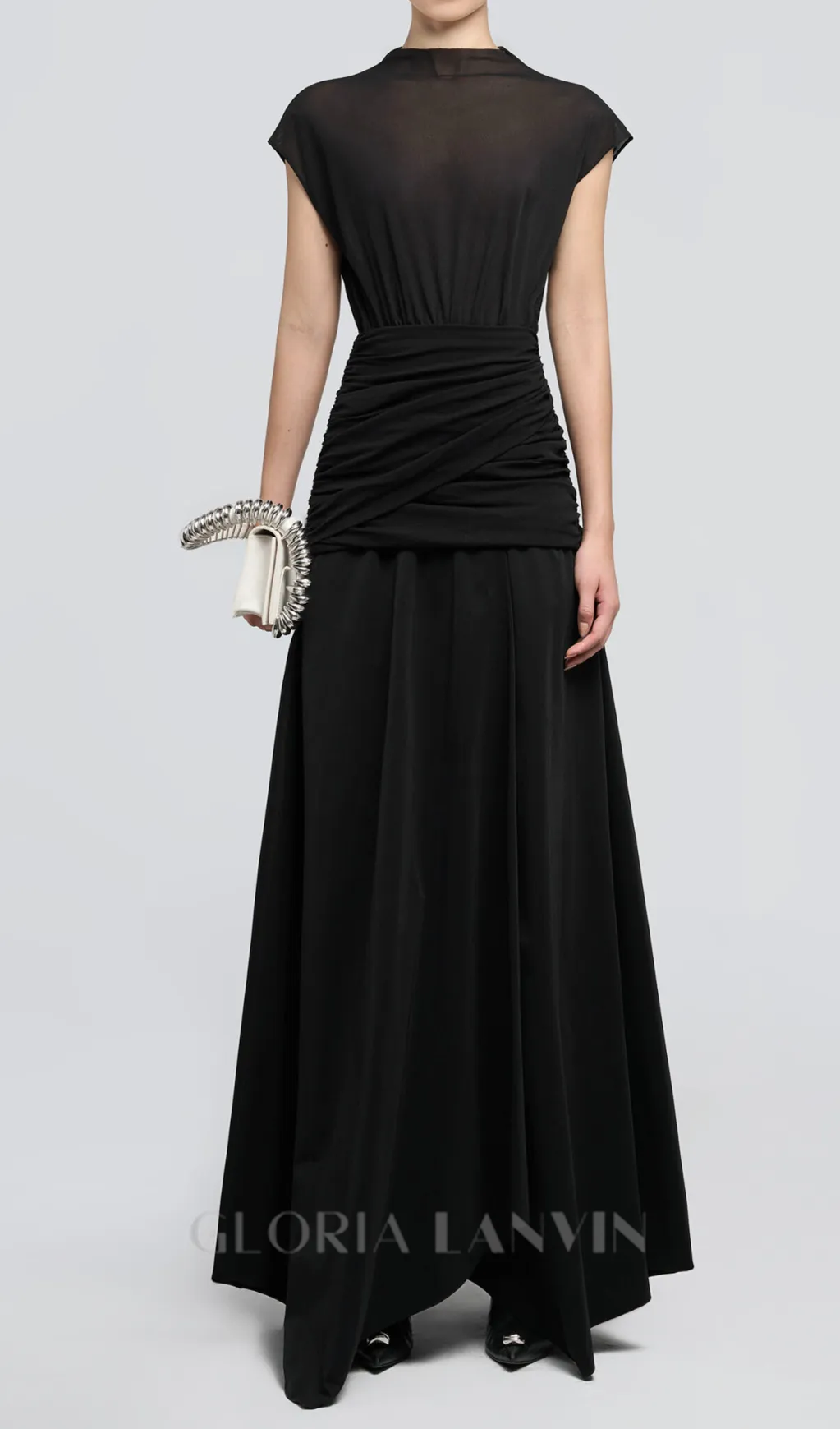black Waist cross pleats midi dress with asymmetric hemline Gloria Lanvin
