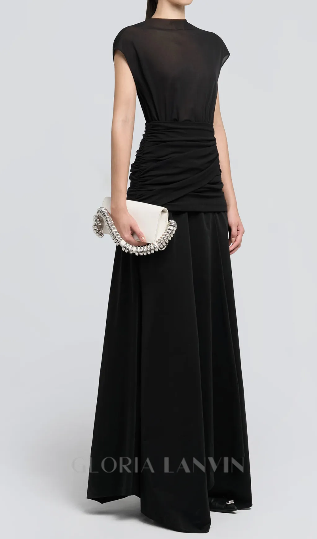 black Waist cross pleats midi dress with asymmetric hemline Gloria Lanvin