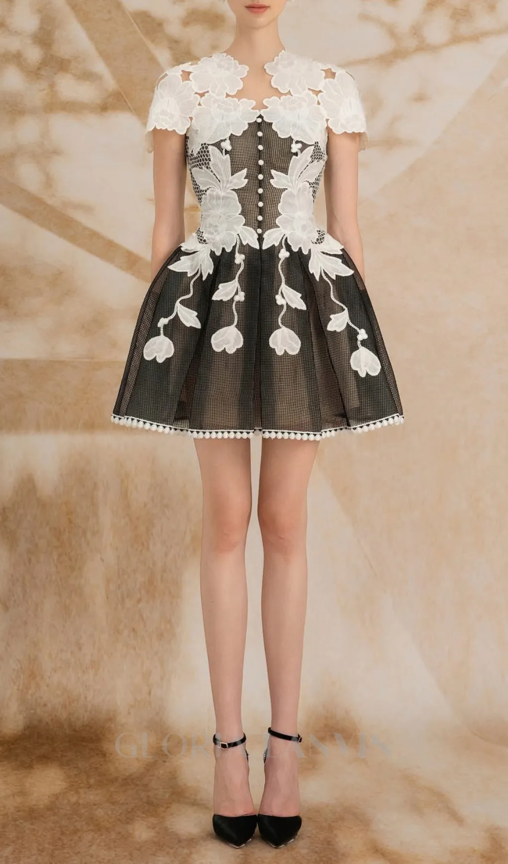 black-white lace flower embellished mini dress Gloria Lanvin