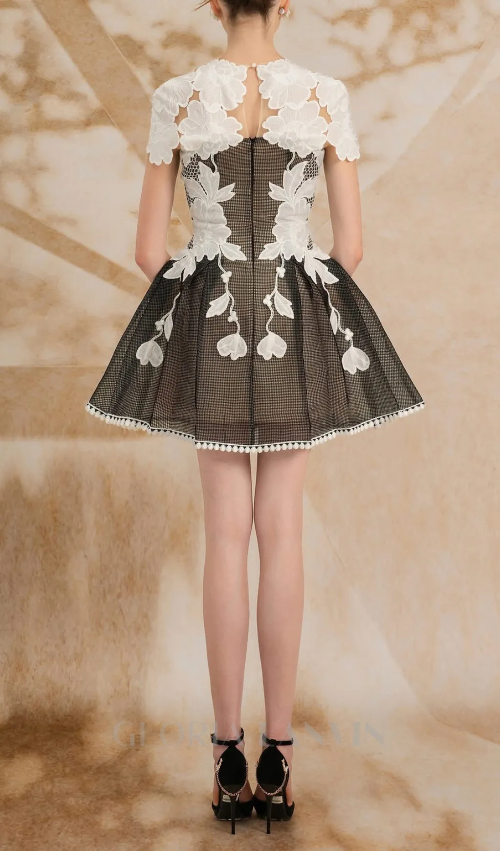 black-white lace flower embellished mini dress Gloria Lanvin