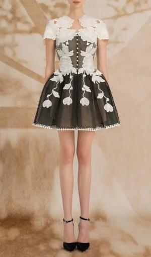 black-white lace flower embellished mini dress Gloria Lanvin