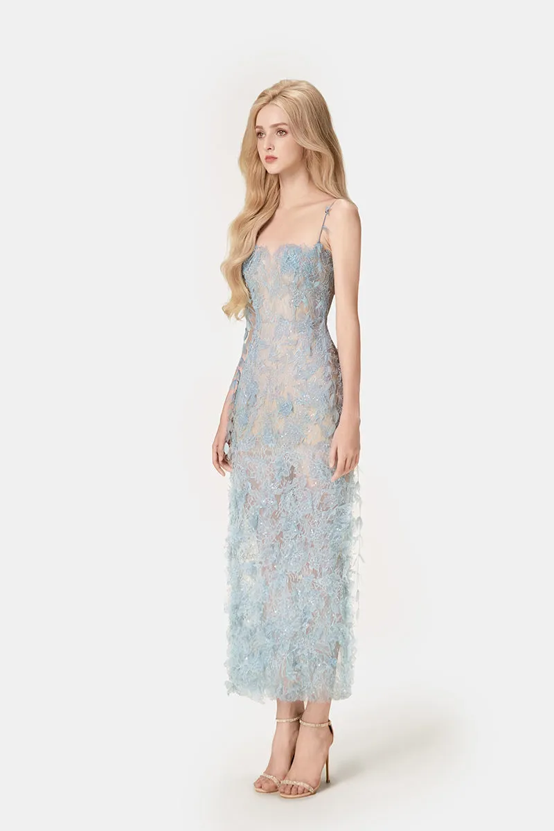 BLUE BEADED LACE PENCIL MIDI DRESS Gloria Lanvin