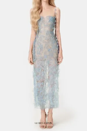 BLUE BEADED LACE PENCIL MIDI DRESS Gloria Lanvin