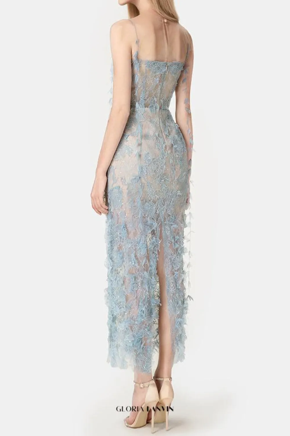 BLUE BEADED LACE PENCIL MIDI DRESS Gloria Lanvin