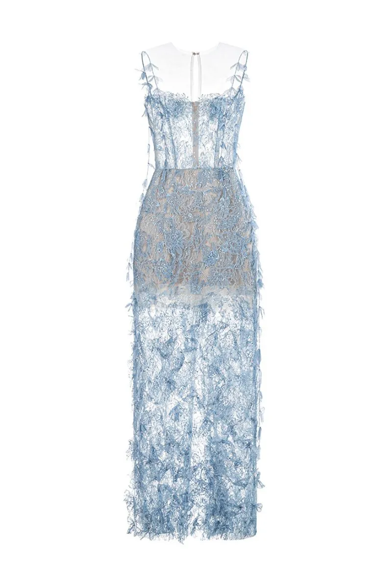 BLUE BEADED LACE PENCIL MIDI DRESS Gloria Lanvin