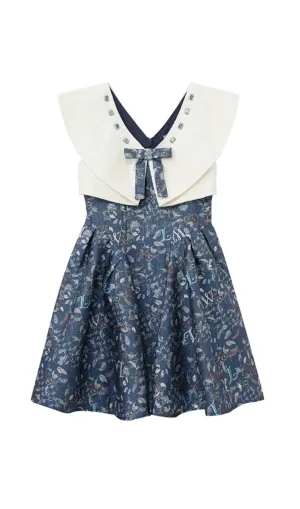 BLUE BOW SWEETHEART WAISTBAND SLEEVELESS FLORAL MINI DRESS Gloria Lanvin