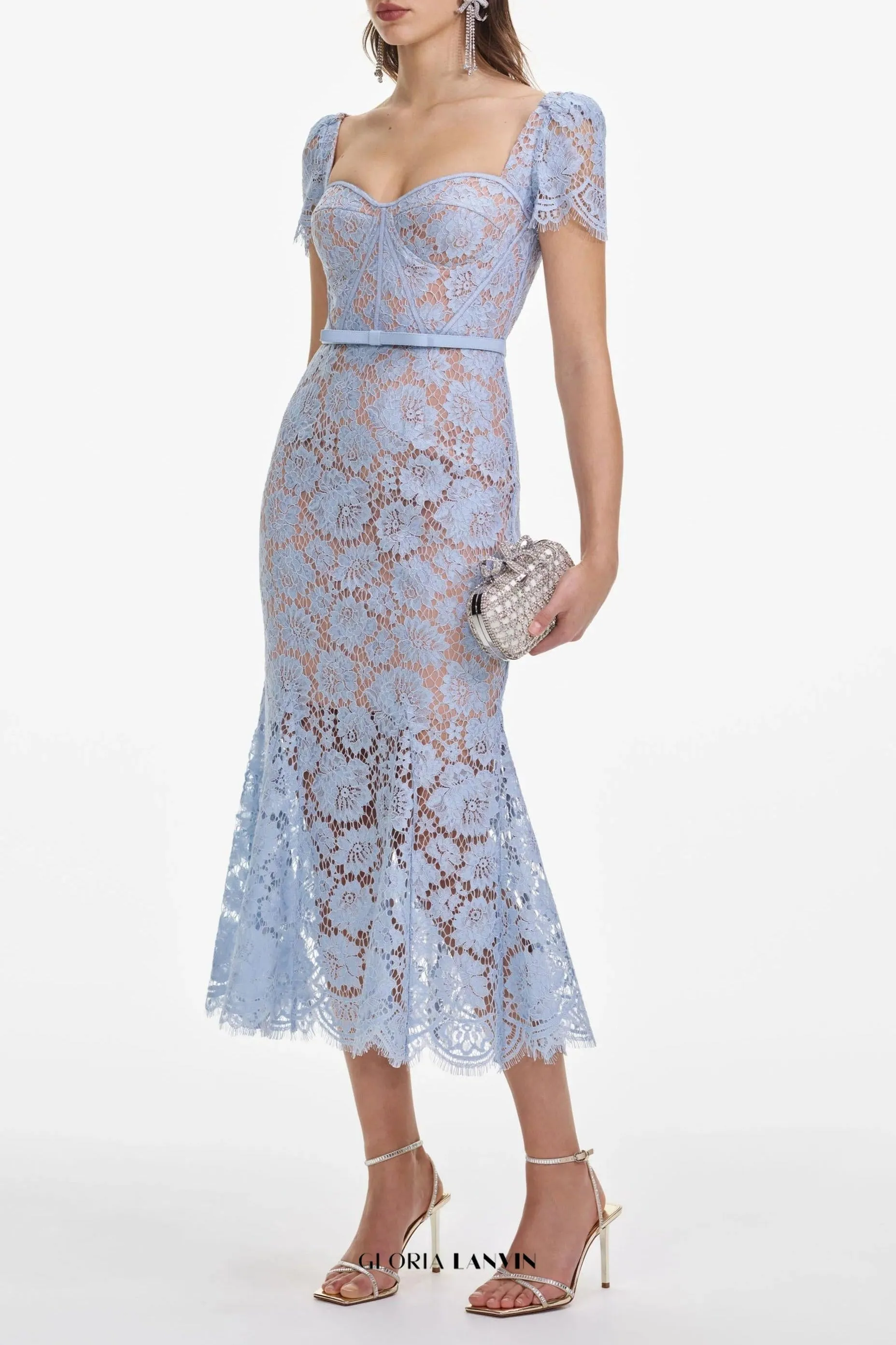 Blue Fine Lace Midi Dress Gloria Lanvin