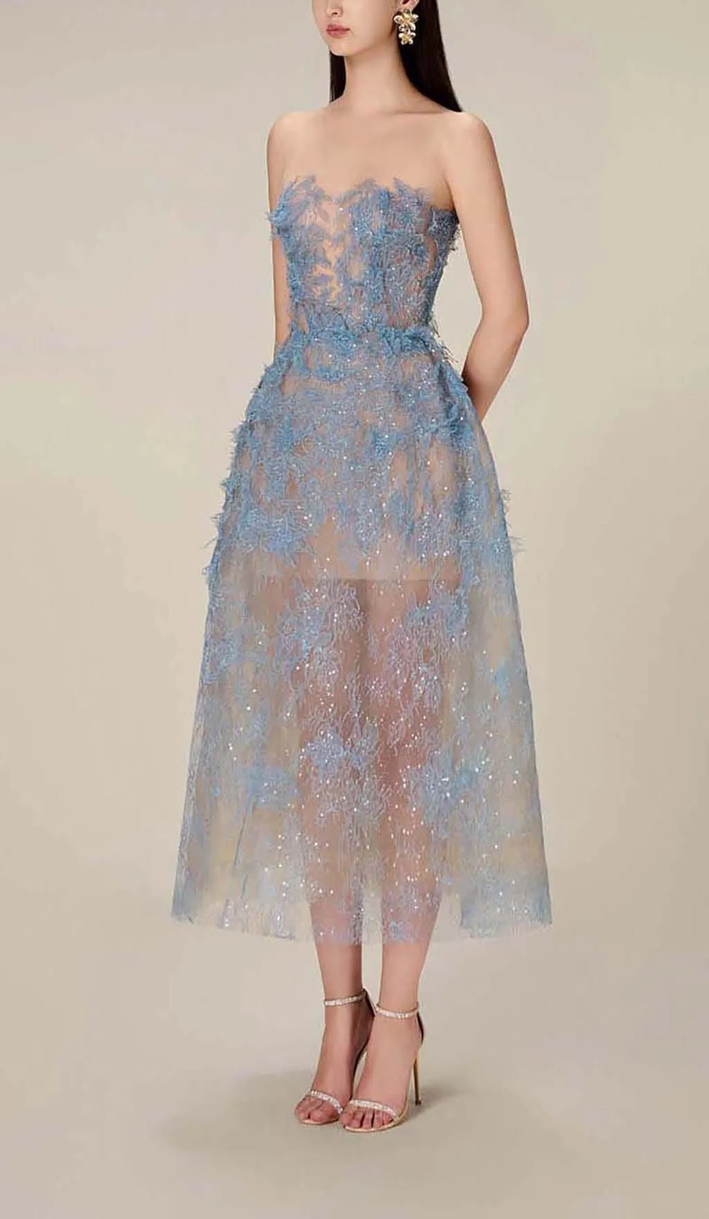 BLUE FLORAL LACE EMBROIDER MIDI DRESS Gloria Lanvin