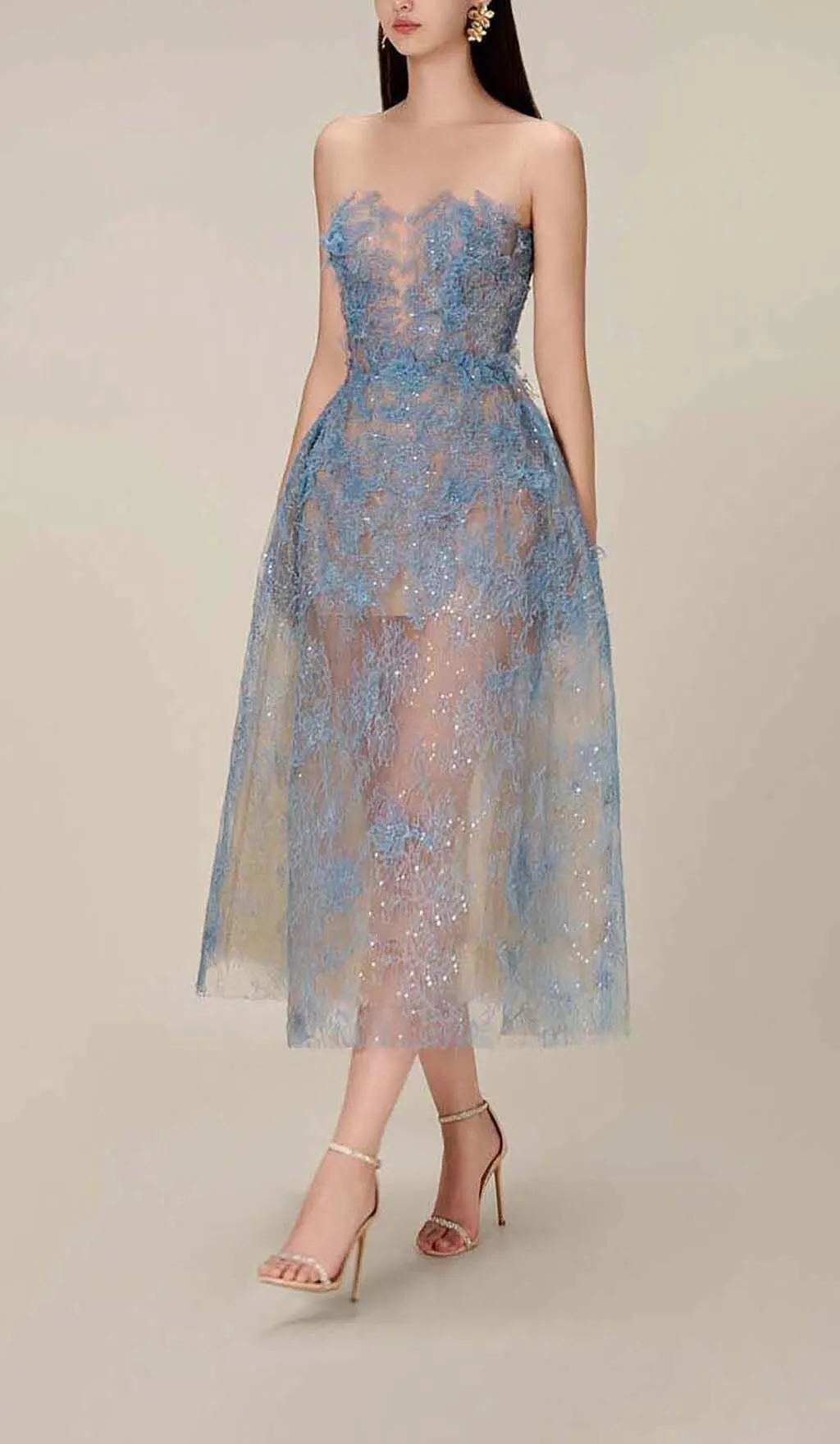 BLUE FLORAL LACE EMBROIDER MIDI DRESS Gloria Lanvin