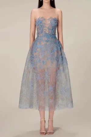 BLUE FLORAL LACE EMBROIDER MIDI DRESS Gloria Lanvin