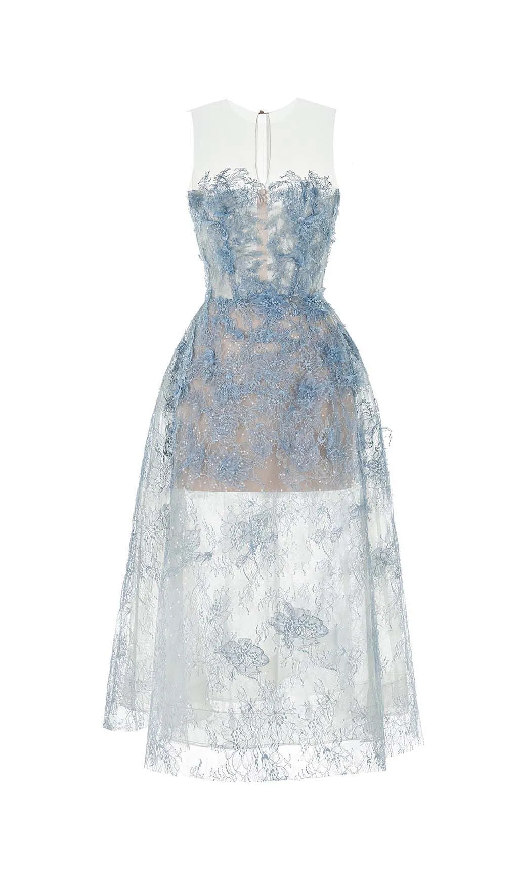 BLUE FLORAL LACE EMBROIDER MIDI DRESS Gloria Lanvin