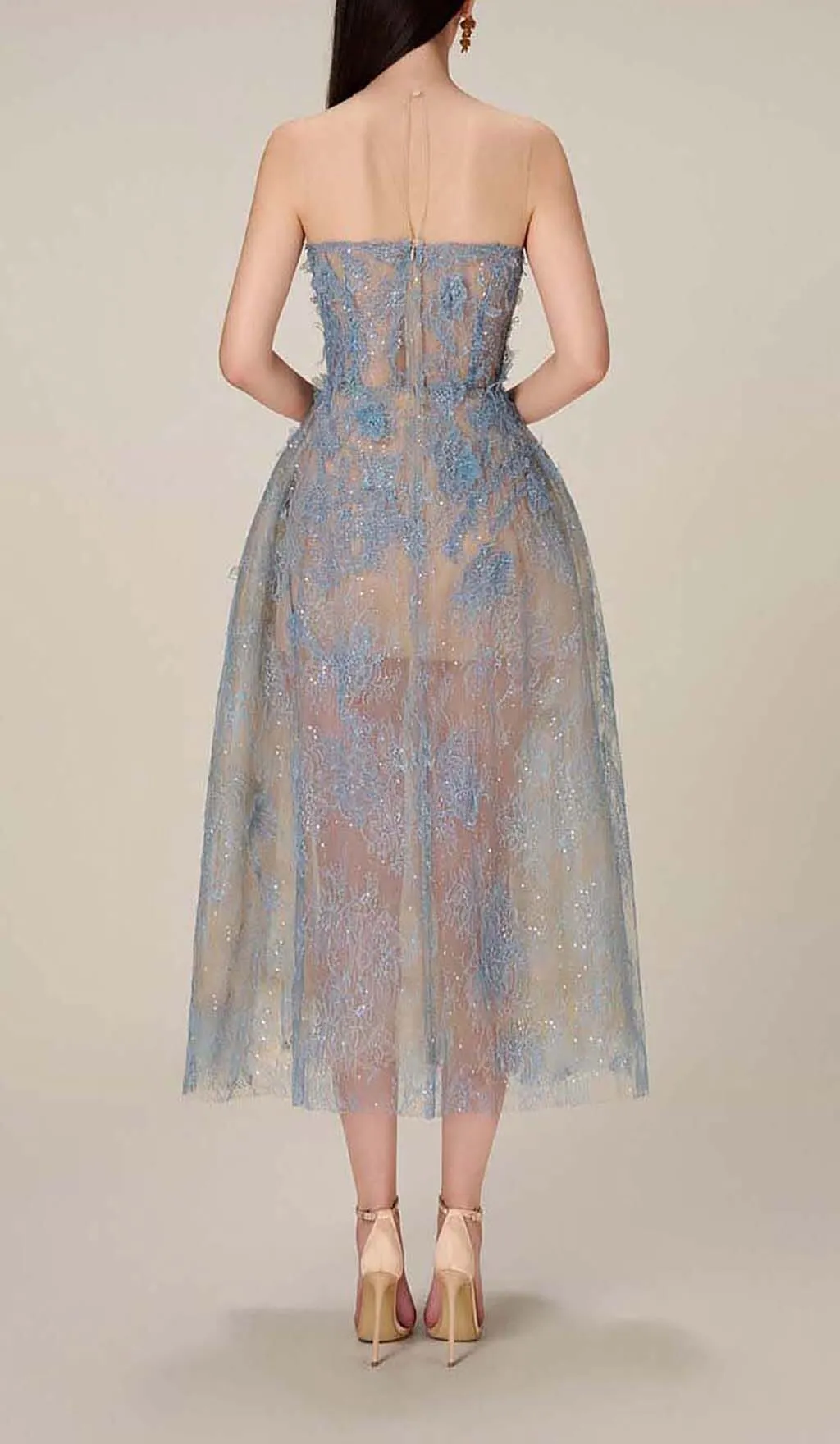 BLUE FLORAL LACE EMBROIDER MIDI DRESS Gloria Lanvin