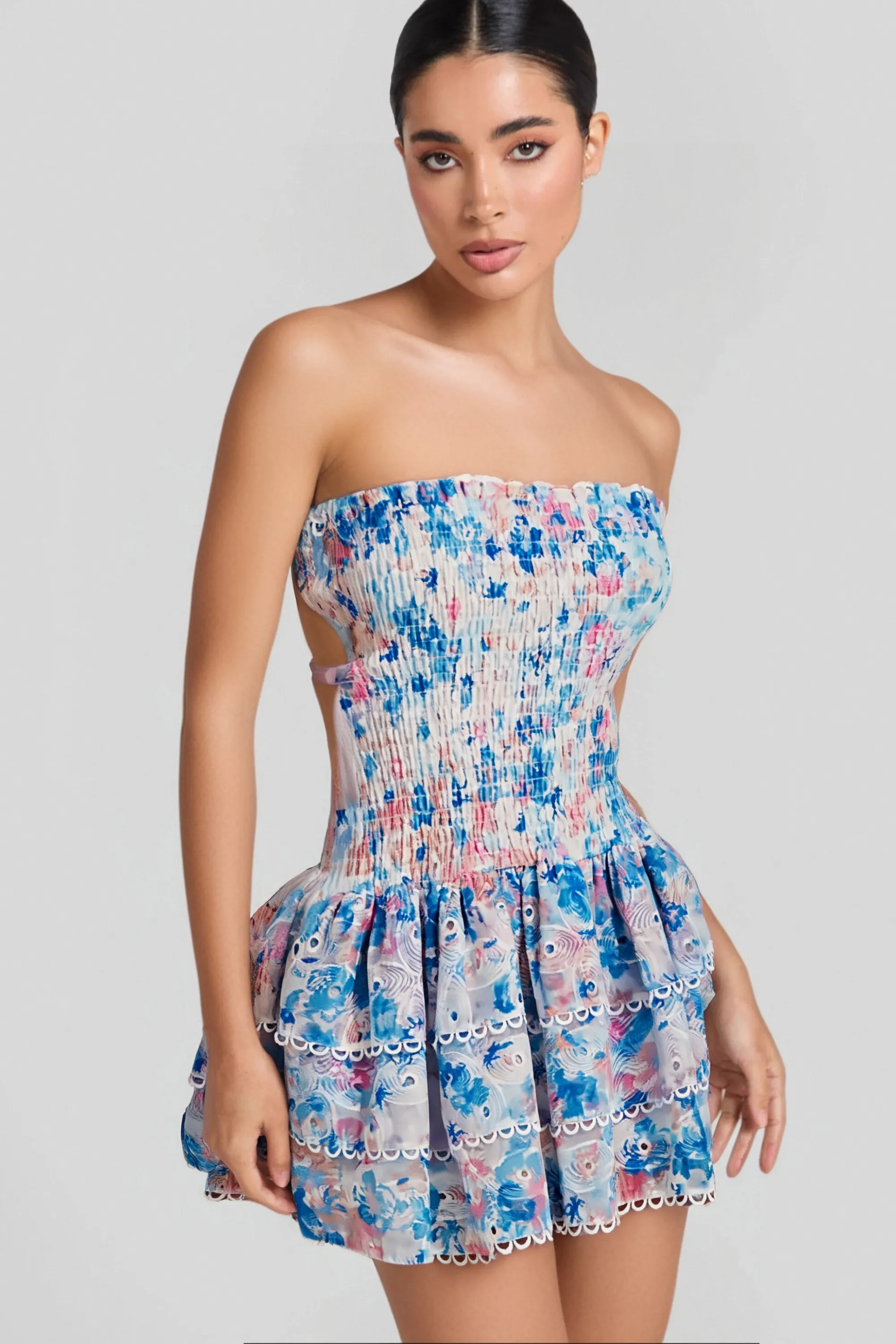 BLUE FLORAL RUCHED STRAPLESS MINI DRESS Gloria Lanvin