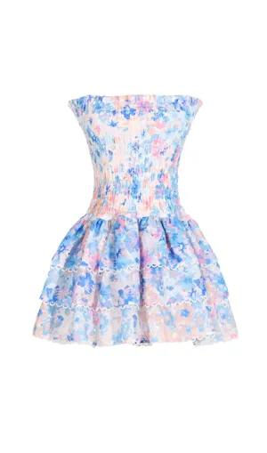 BLUE FLORAL RUCHED STRAPLESS MINI DRESS Gloria Lanvin