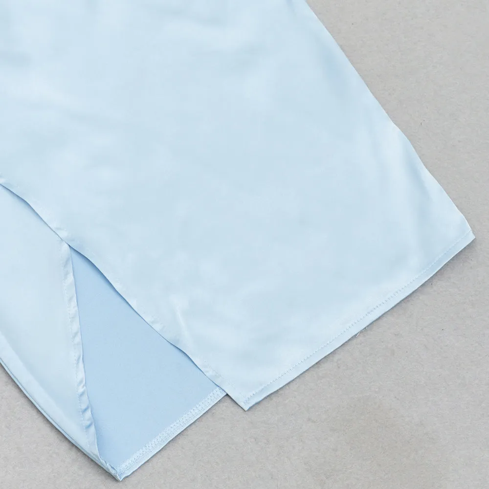 BLUE ONE SHOULDER PUFF SLEEVE SATIN MAXI DRESS Gloria Lanvin