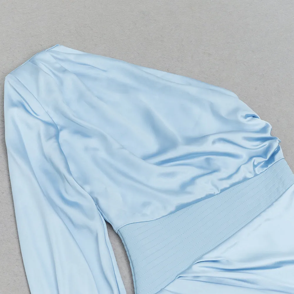 BLUE ONE SHOULDER PUFF SLEEVE SATIN MAXI DRESS Gloria Lanvin