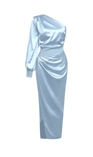 BLUE ONE SHOULDER PUFF SLEEVE SATIN MAXI DRESS Gloria Lanvin