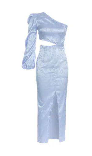 BLUE RUCHED JACQUARD ONE SHOULDER LONG SLEEVE MIDI DRESS Gloria Lanvin