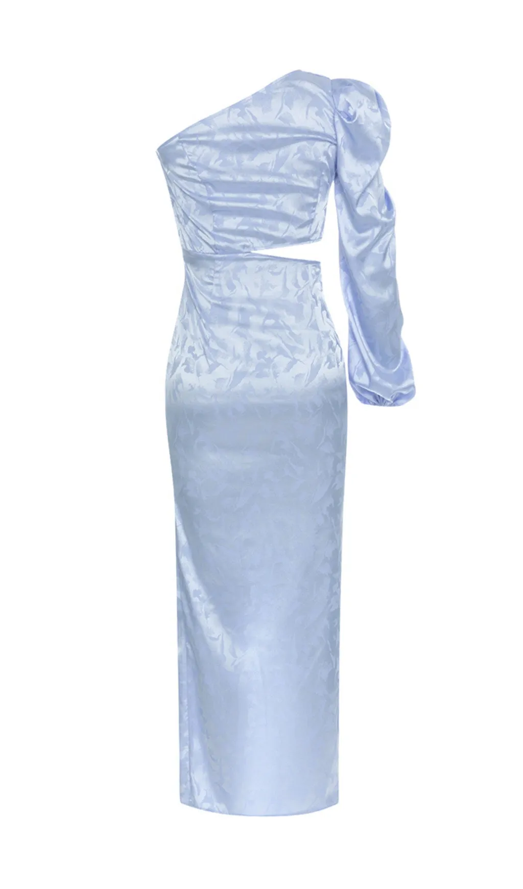 BLUE RUCHED JACQUARD ONE SHOULDER LONG SLEEVE MIDI DRESS Gloria Lanvin