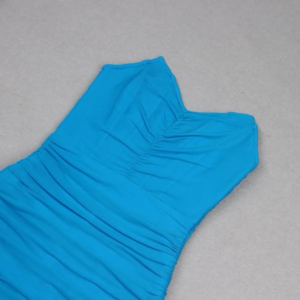 BLUE RUCHED STRAPLESS MIDI DRESS Gloria Lanvin