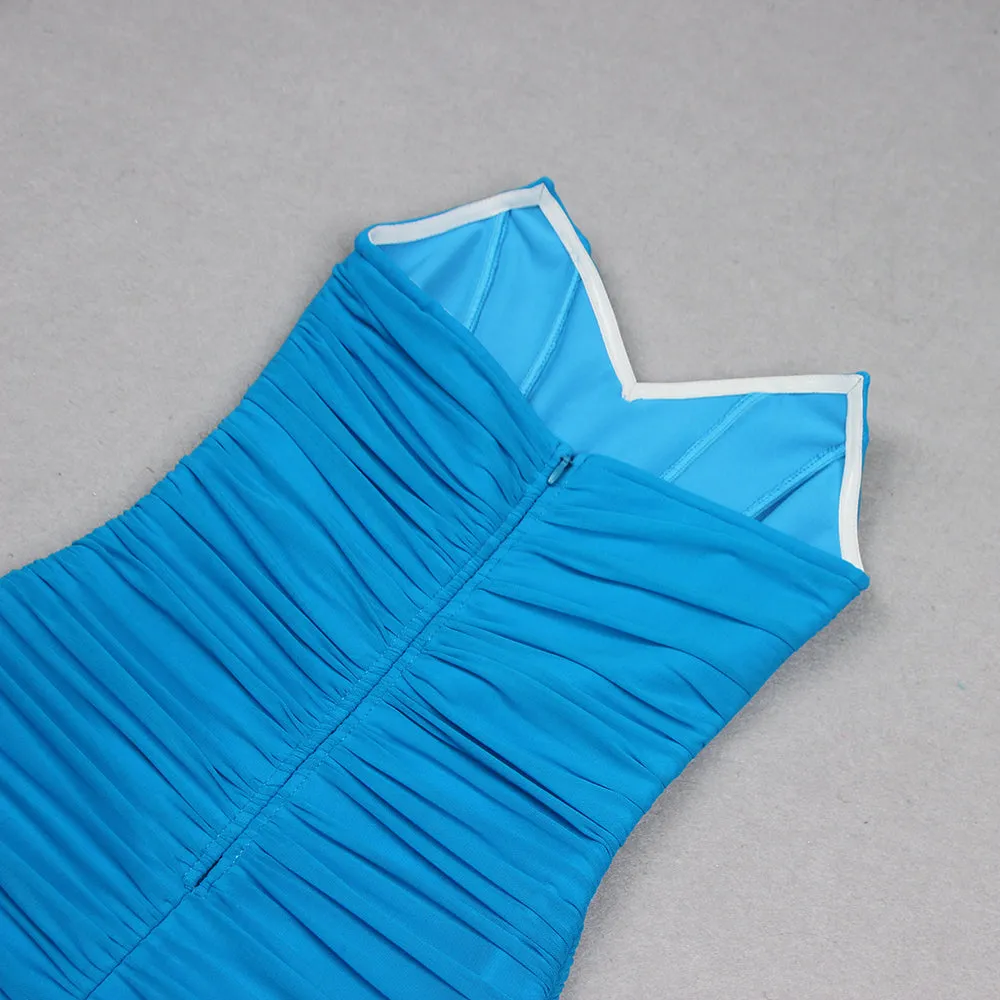BLUE RUCHED STRAPLESS MIDI DRESS Gloria Lanvin