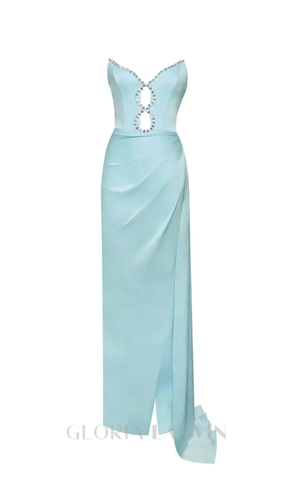 BLUE SATIN CRYSTAL EMBELLISHED HIGH SLIT GOWN Gloria Lanvin