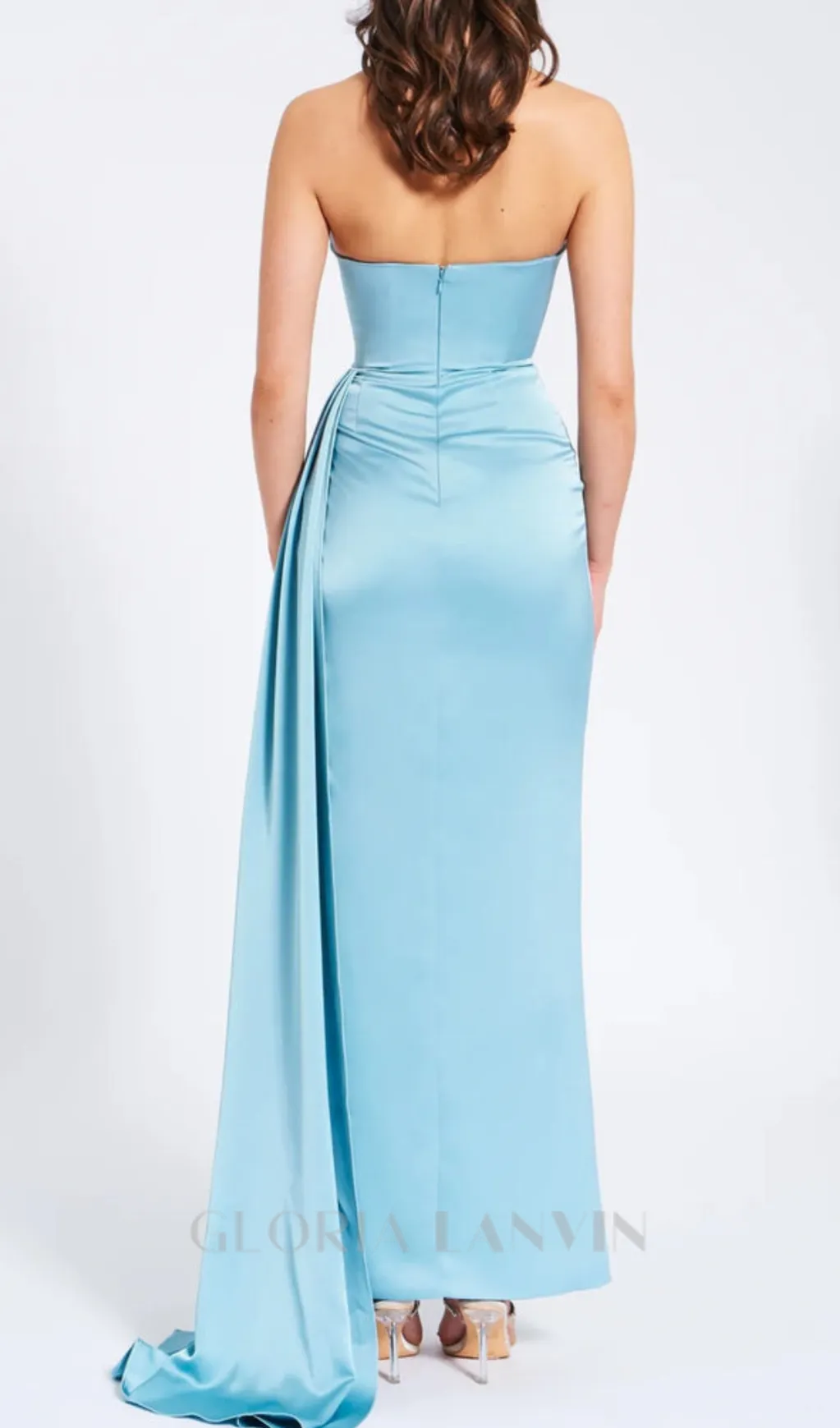 BLUE SATIN CRYSTAL EMBELLISHED HIGH SLIT GOWN Gloria Lanvin
