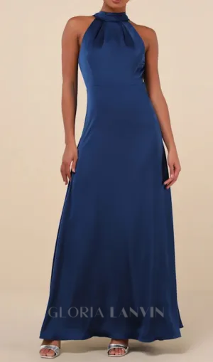 Blue Satin Pleated Mock Neck Maxi Dress Gloria Lanvin