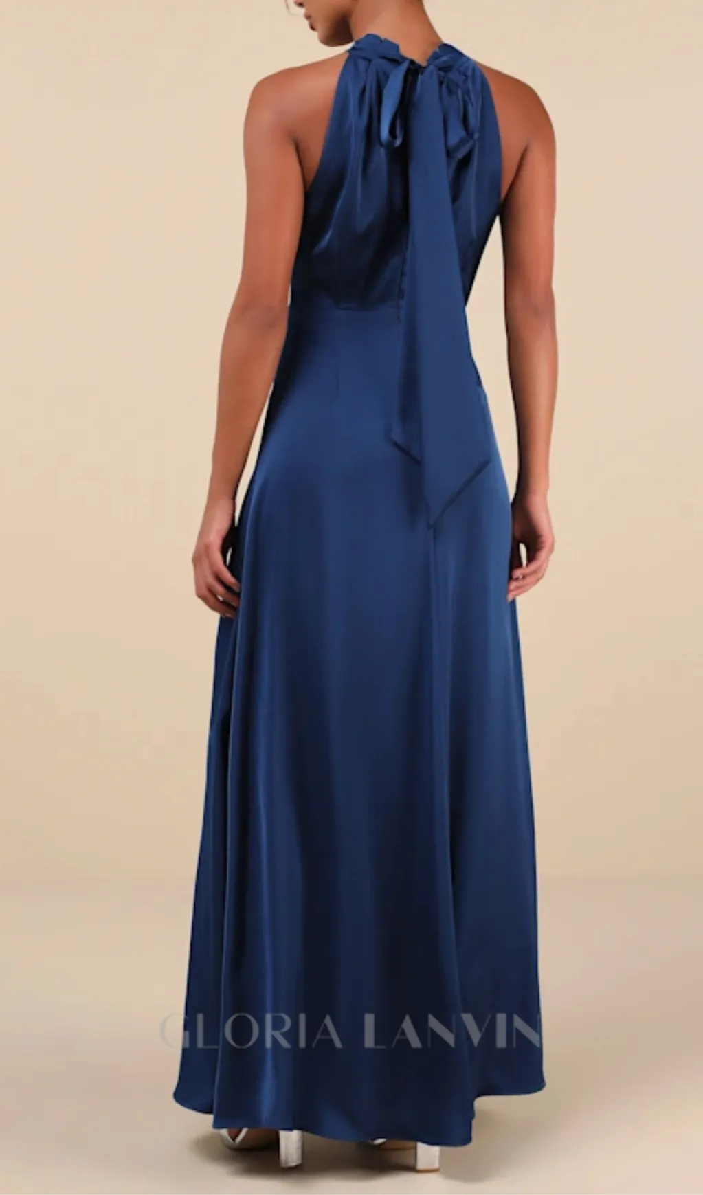 Blue Satin Pleated Mock Neck Maxi Dress Gloria Lanvin