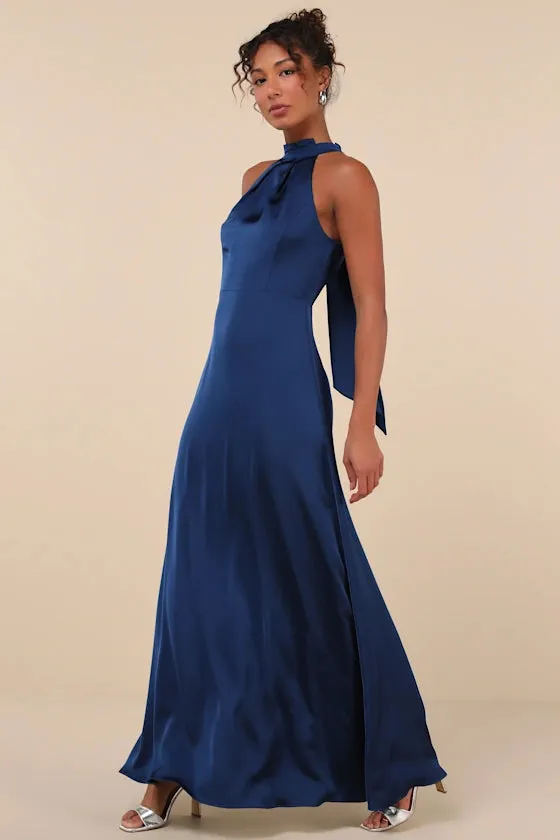 Blue Satin Pleated Mock Neck Maxi Dress Gloria Lanvin