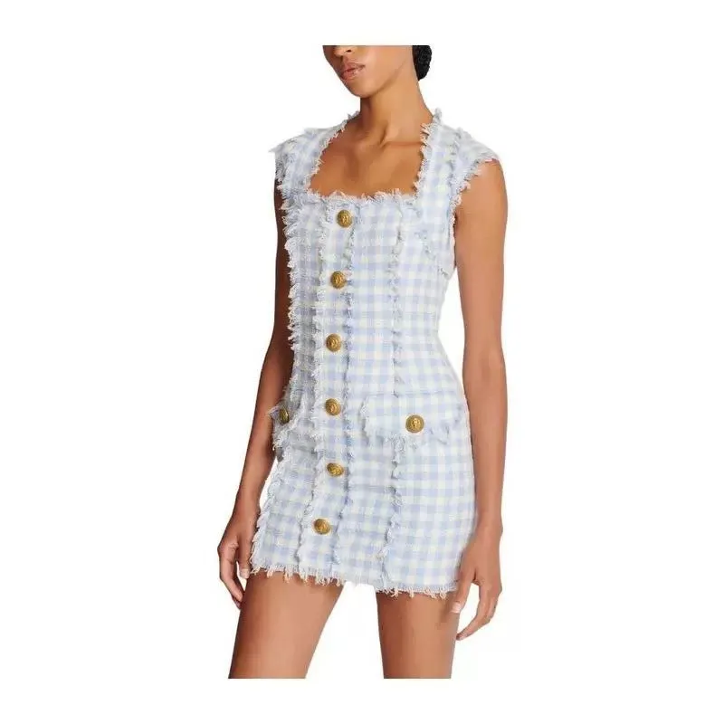 Blue White Gingham Mini dress Gloria Lanvin
