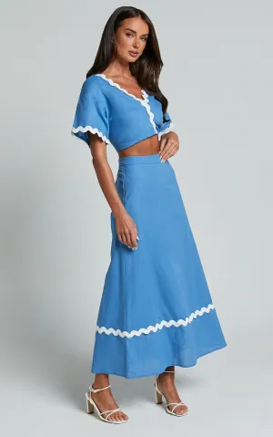 Blythe Two Piece Set - Short Sleeve with Wave Hem A Line Skirt Set in Blue Gloria Lanvin