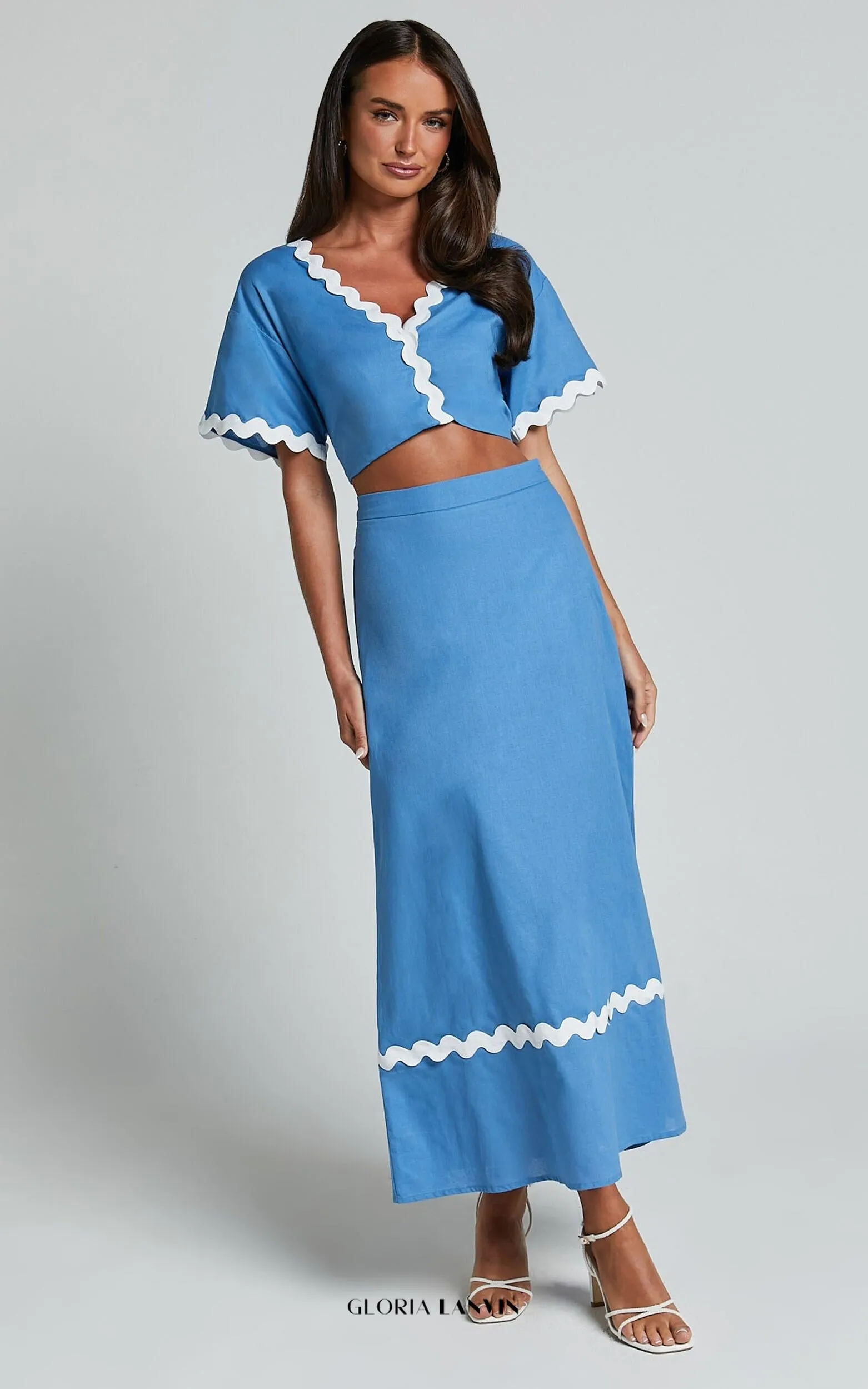 Blythe Two Piece Set - Short Sleeve with Wave Hem A Line Skirt Set in Blue Gloria Lanvin