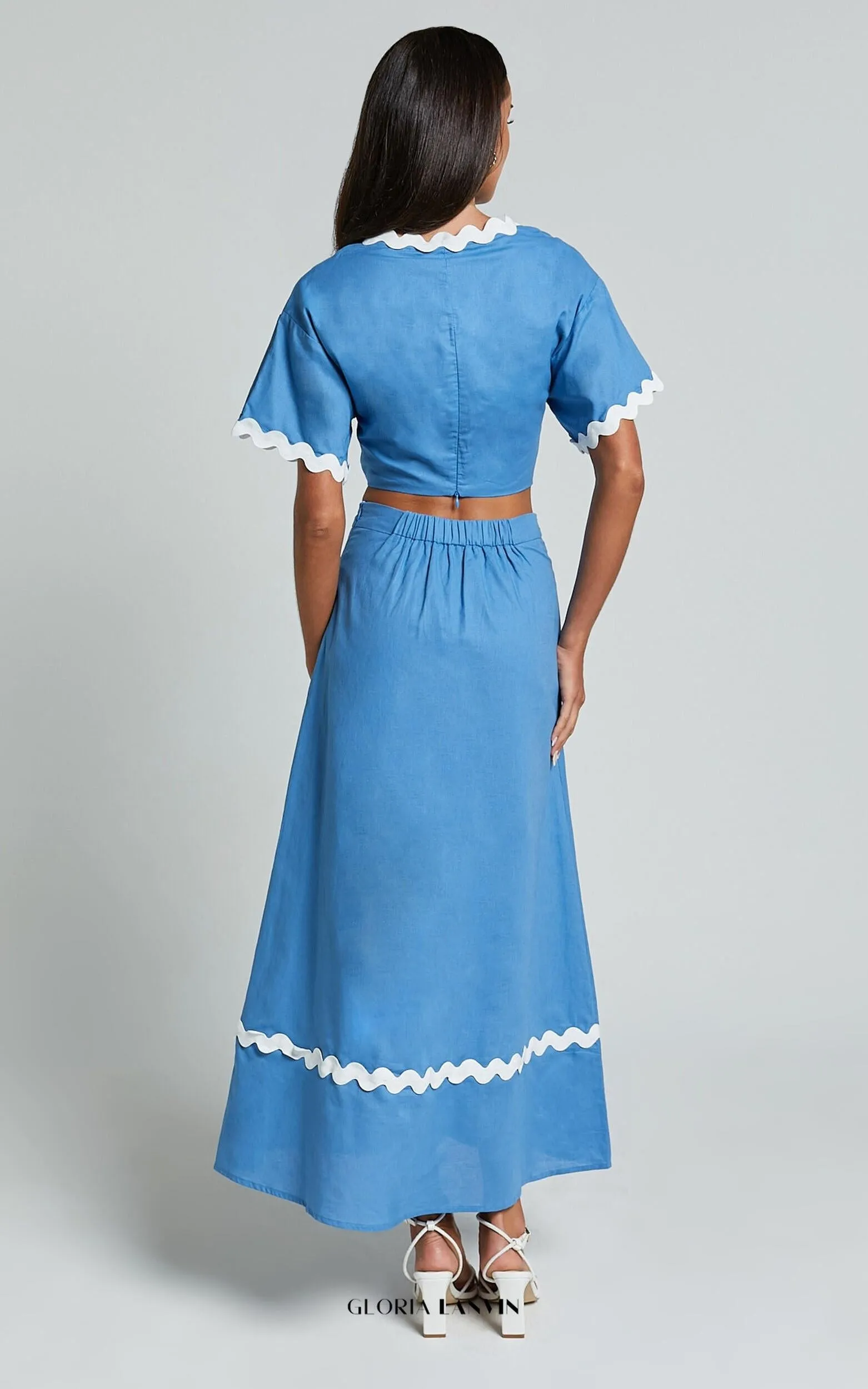 Blythe Two Piece Set - Short Sleeve with Wave Hem A Line Skirt Set in Blue Gloria Lanvin
