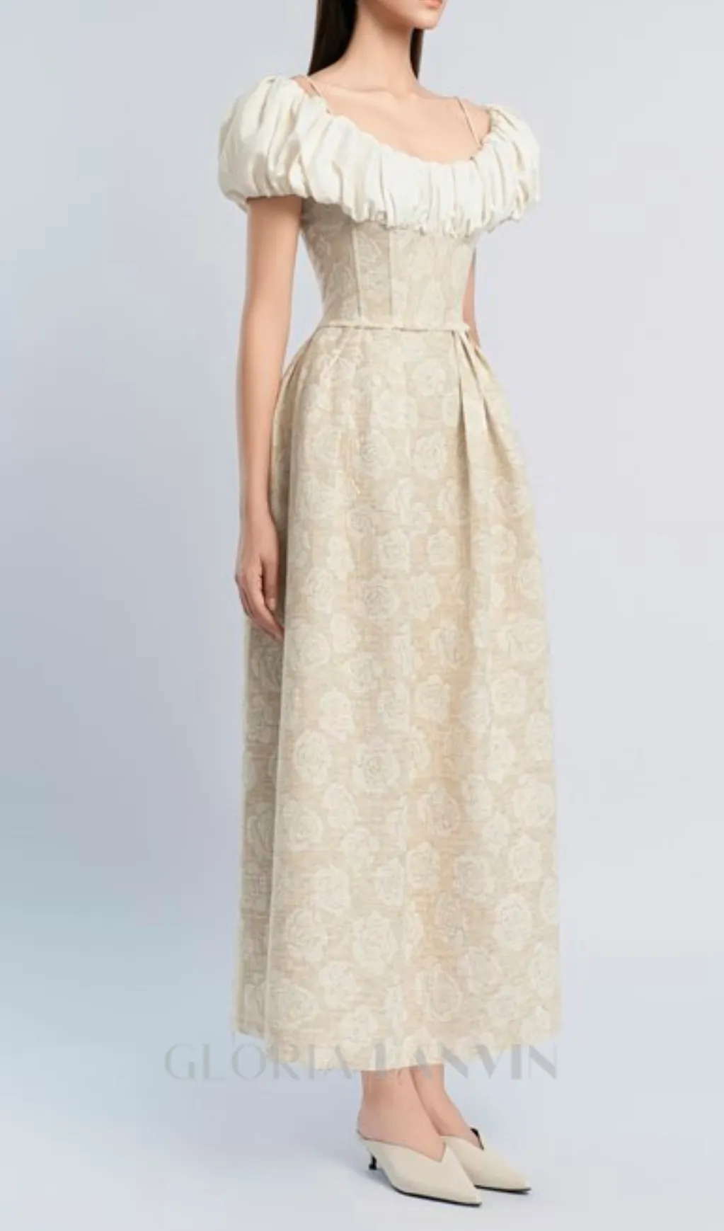 boat neck corset maxi dress in beige Gloria Lanvin