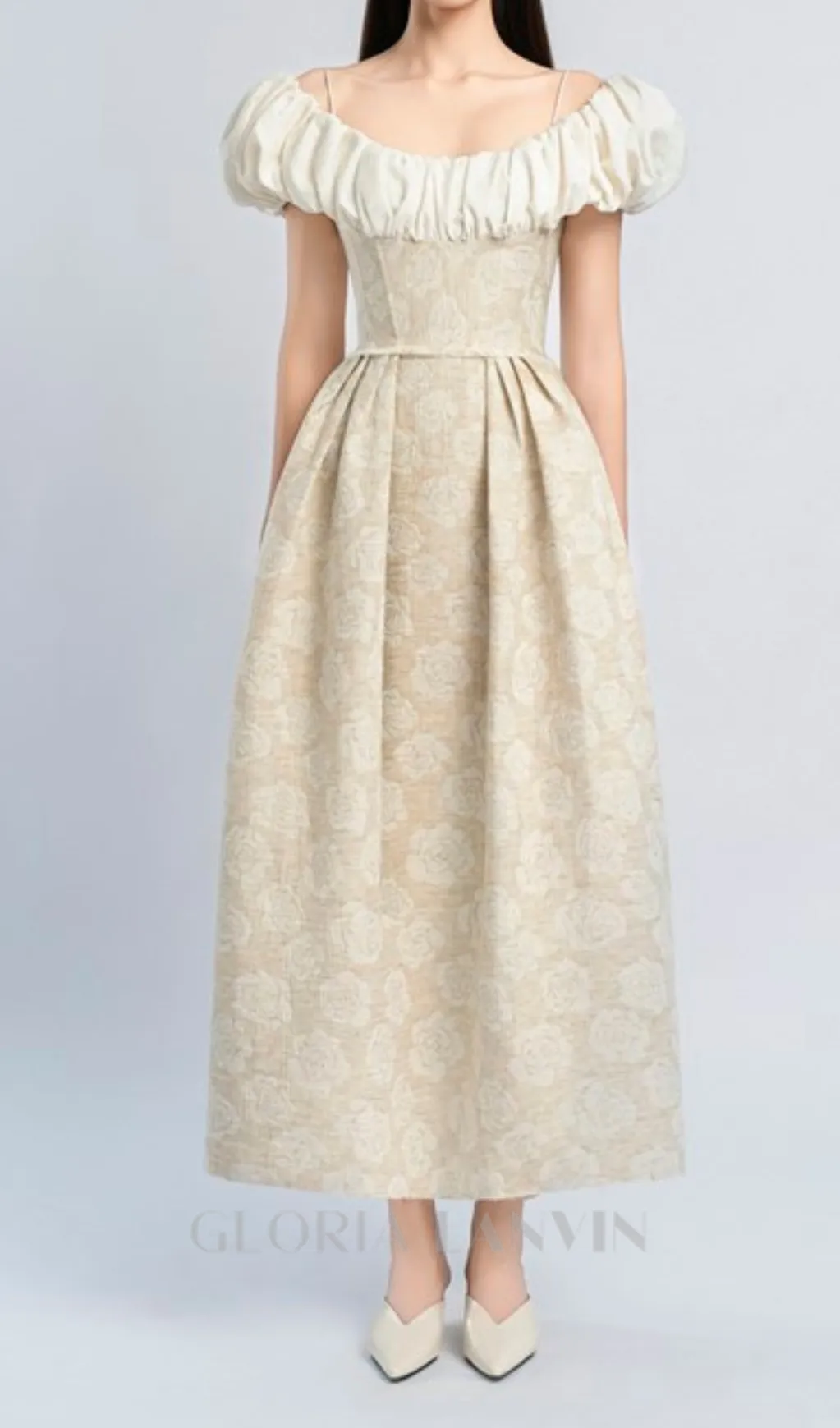 boat neck corset maxi dress in beige Gloria Lanvin