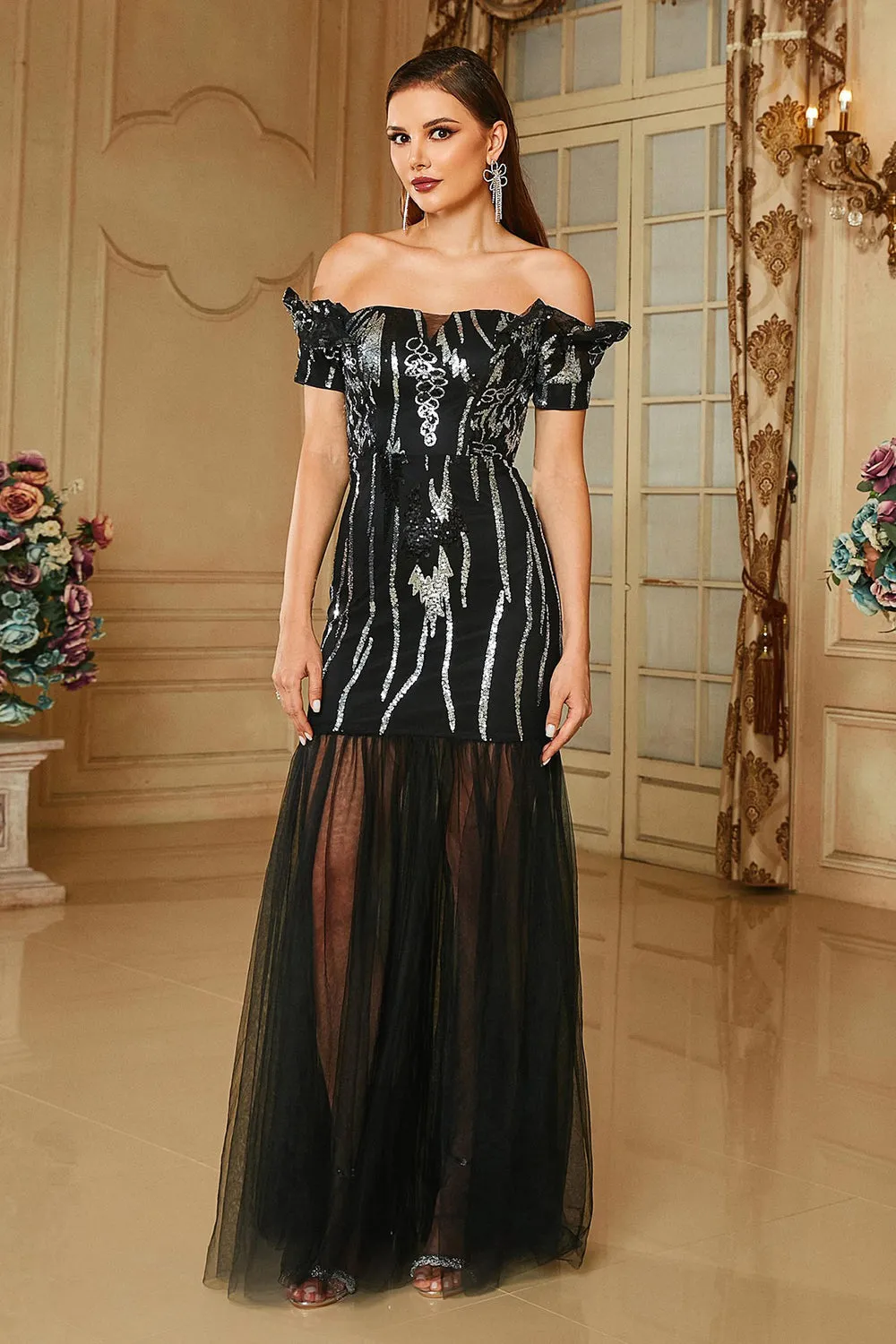 Bodycon Off the Shoulder Long Prom Dress in black Gloria Lanvin