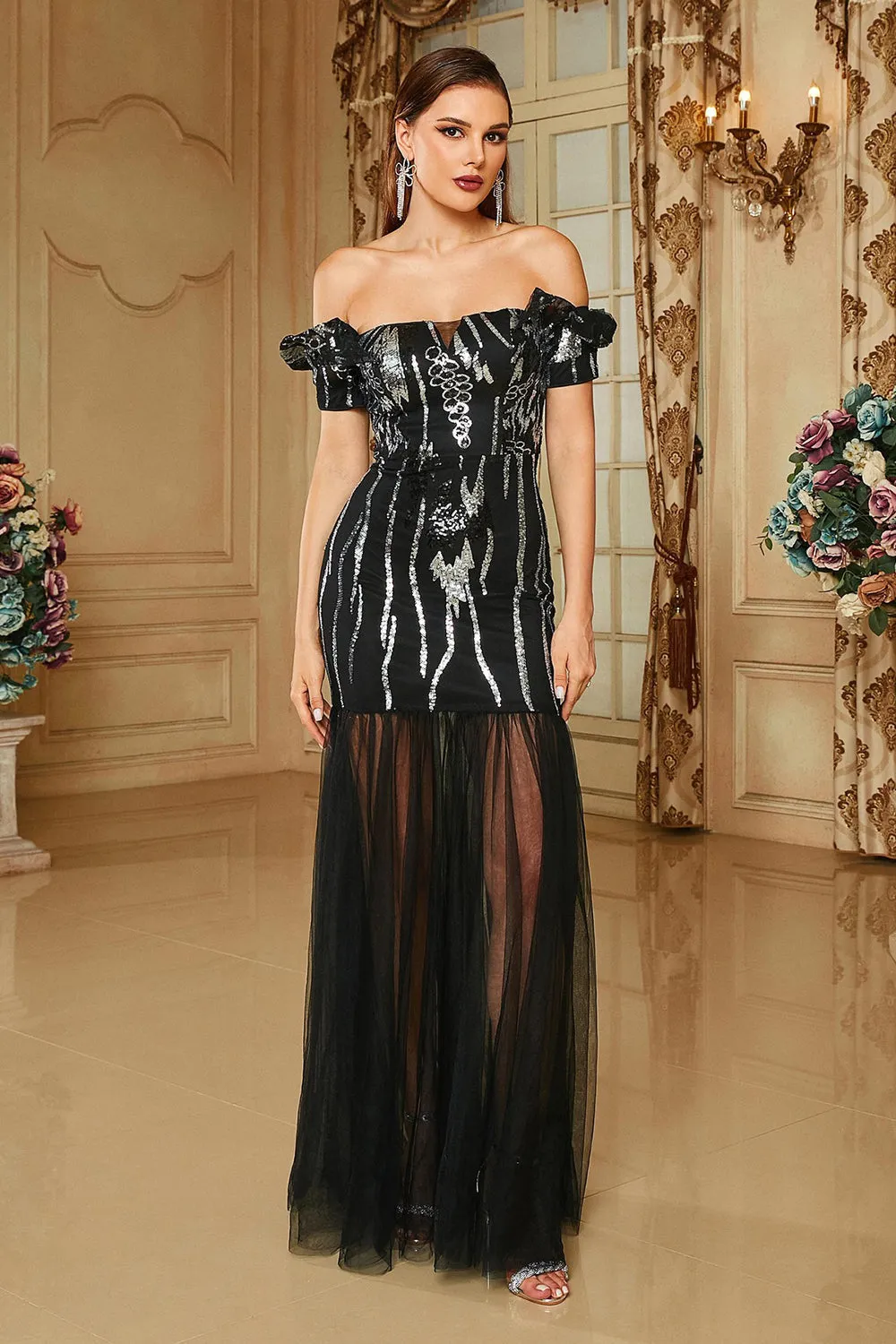 Bodycon Off the Shoulder Long Prom Dress in black Gloria Lanvin