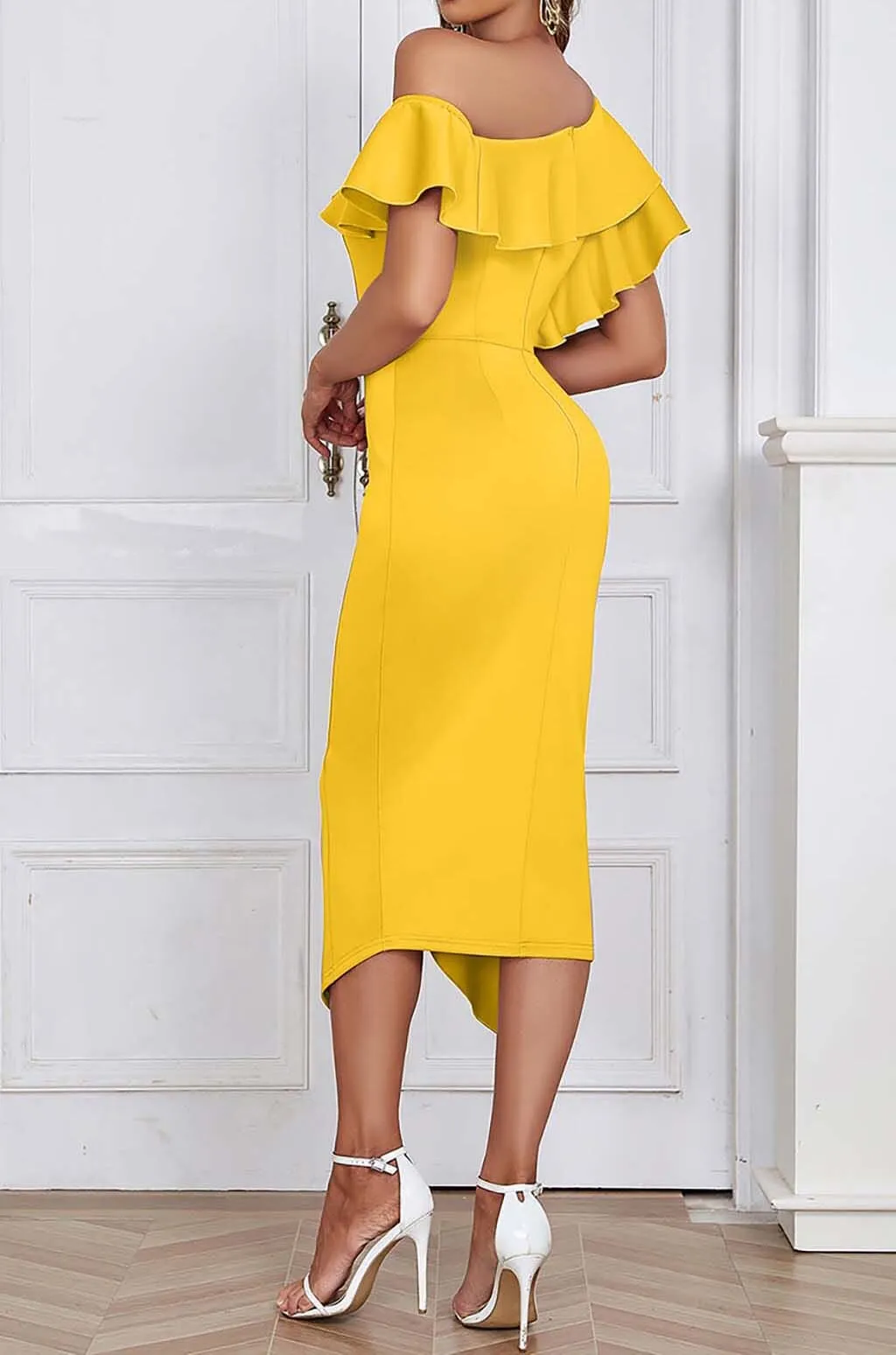 BODYCON RUFFLE MIDI DRESS IN APRICOT Gloria Lanvin
