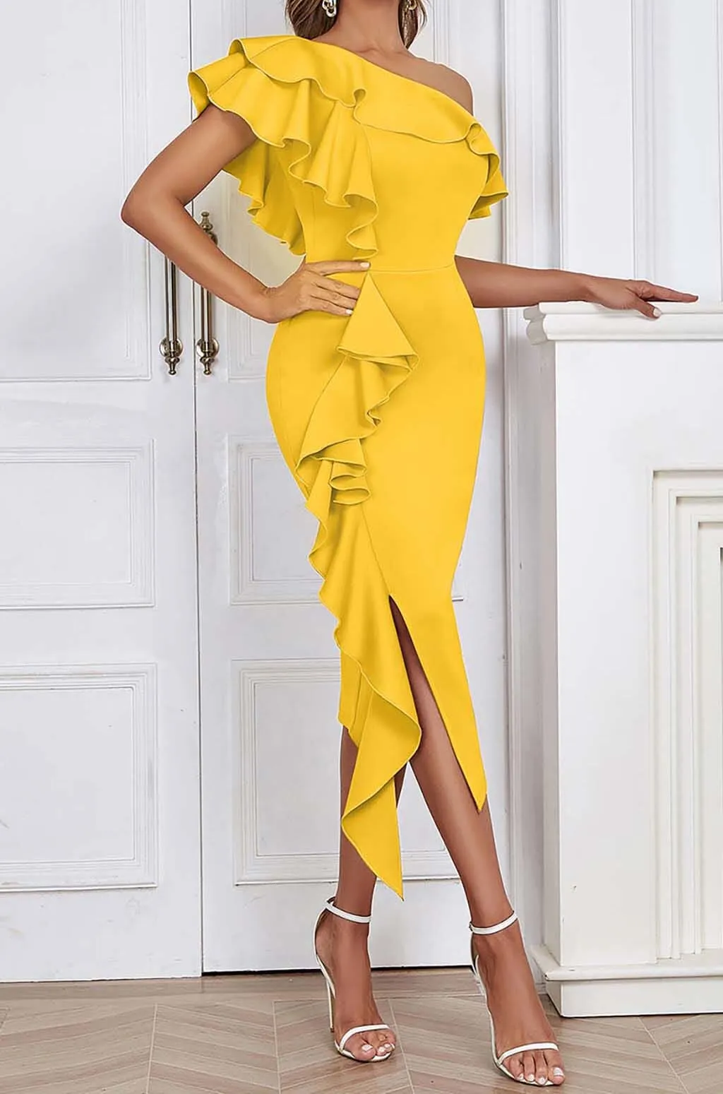 BODYCON RUFFLE MIDI DRESS IN APRICOT Gloria Lanvin