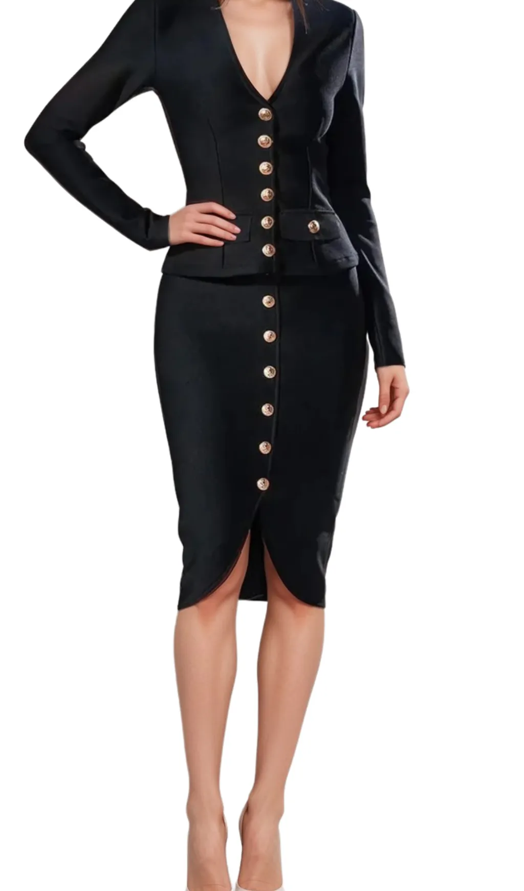 bonnie Long Sleeve Single Breasted Bandage Set in black Gloria Lanvin