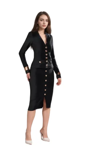 bonnie Long Sleeve Single Breasted Bandage Set in black Gloria Lanvin