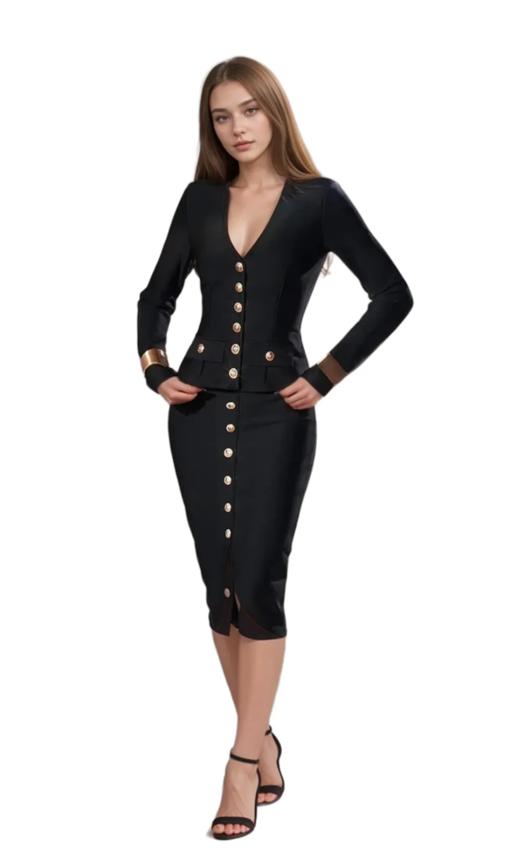bonnie Long Sleeve Single Breasted Bandage Set in black Gloria Lanvin