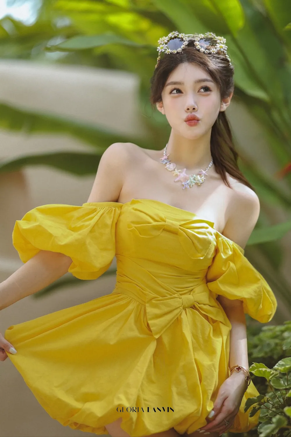 Bonnie puff strapless Mini Dress in yellow Gloria Lanvin