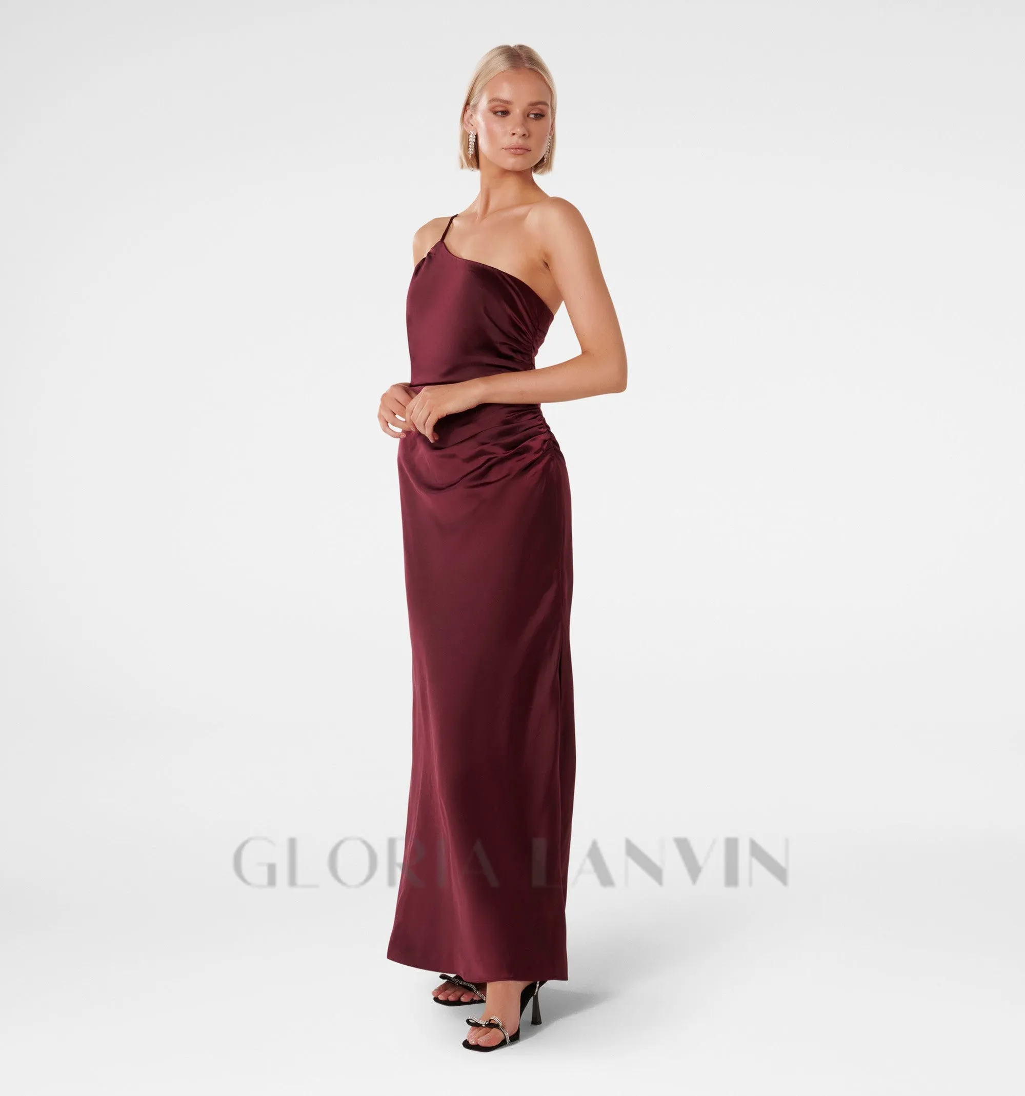 bordeaux one shoulder satin maxi dress Gloria Lanvin