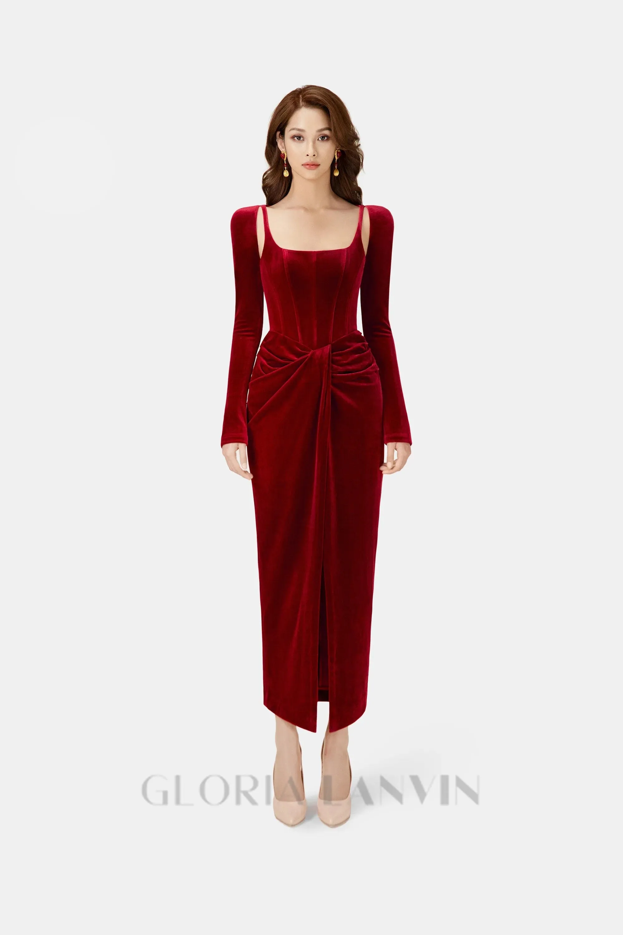 Bordeaux Velvet Draped midi Dress Gloria Lanvin
