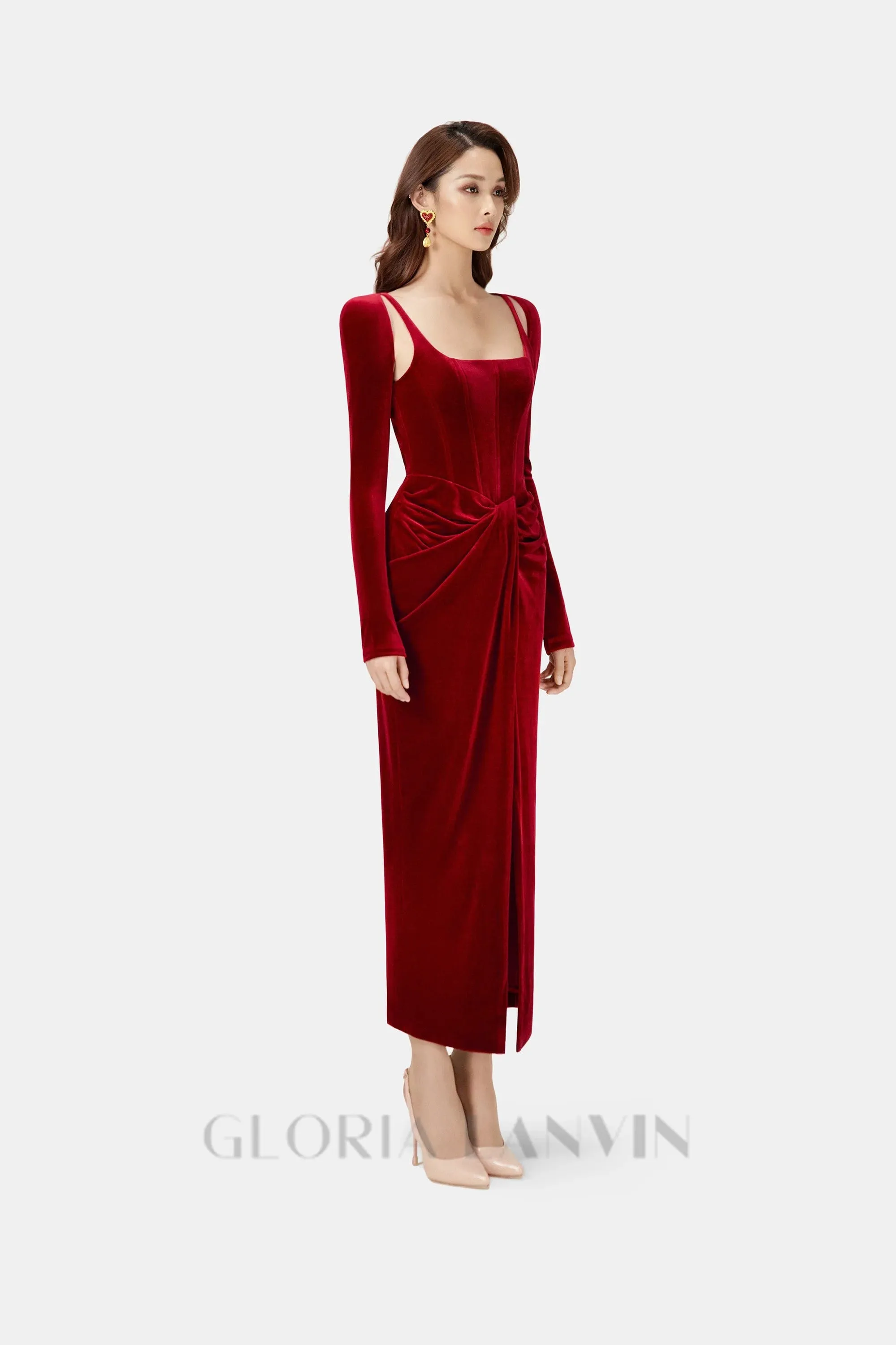 Bordeaux Velvet Draped midi Dress Gloria Lanvin